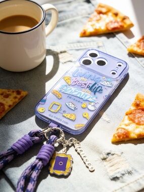 Friends TV Show iPhone 17 Pro Case w/ Wrist Lanyard & Frame Charm – Purple Clear